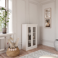 Estante de madeira com 1,19 m no acabamento branco lavado com duas portas de vidro/ Coleção biblioteca